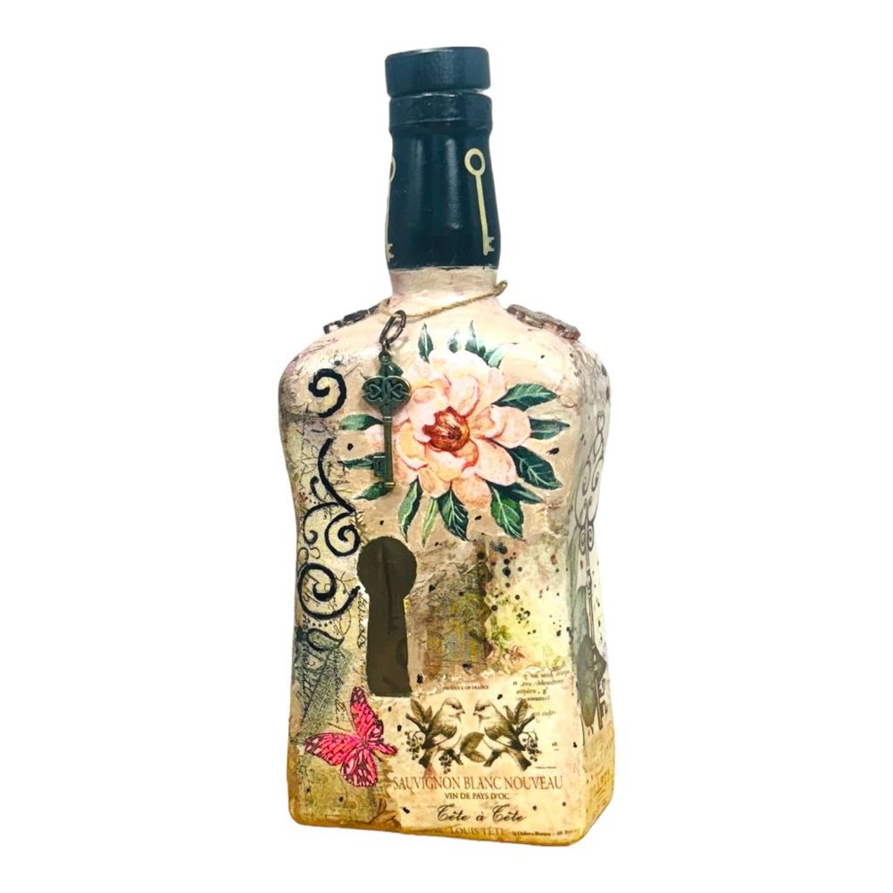Up cycled Decanter Bottle Mixed Media Peep Keyhole Clay Hand Painted Butterfly - Picture 4 of 16